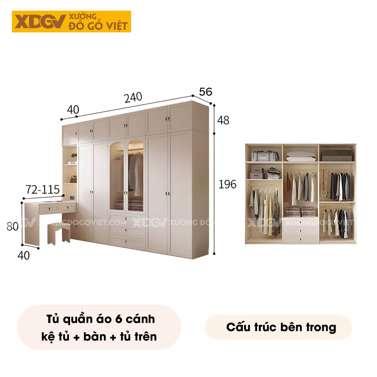 Tủ Áo Quần Gỗ Cao Su Trắng Kết Hợp Bàn Trang Điểm Góc L