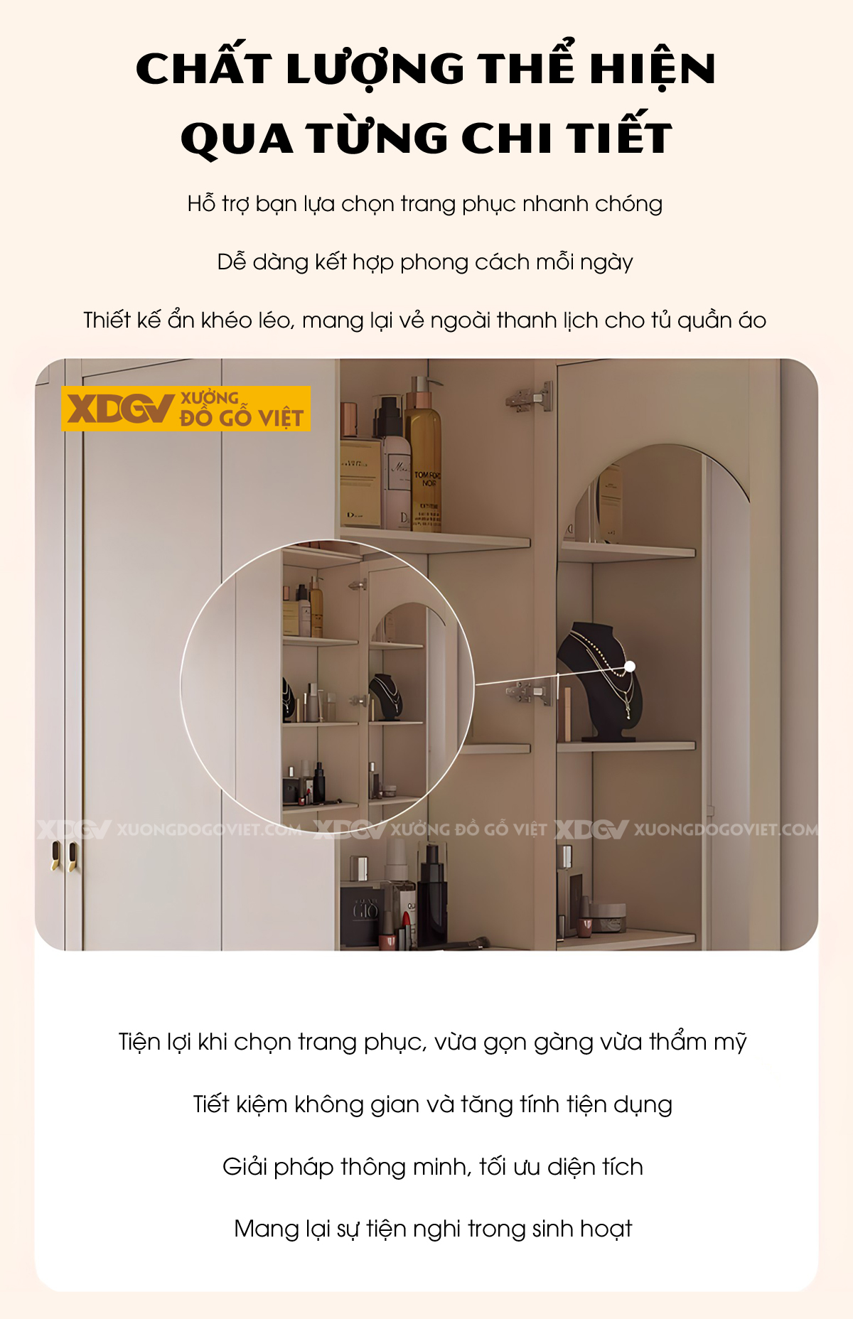 Tủ Áo Quần Gỗ Cao Su Trắng Kết Hợp Bàn Trang Điểm Góc L