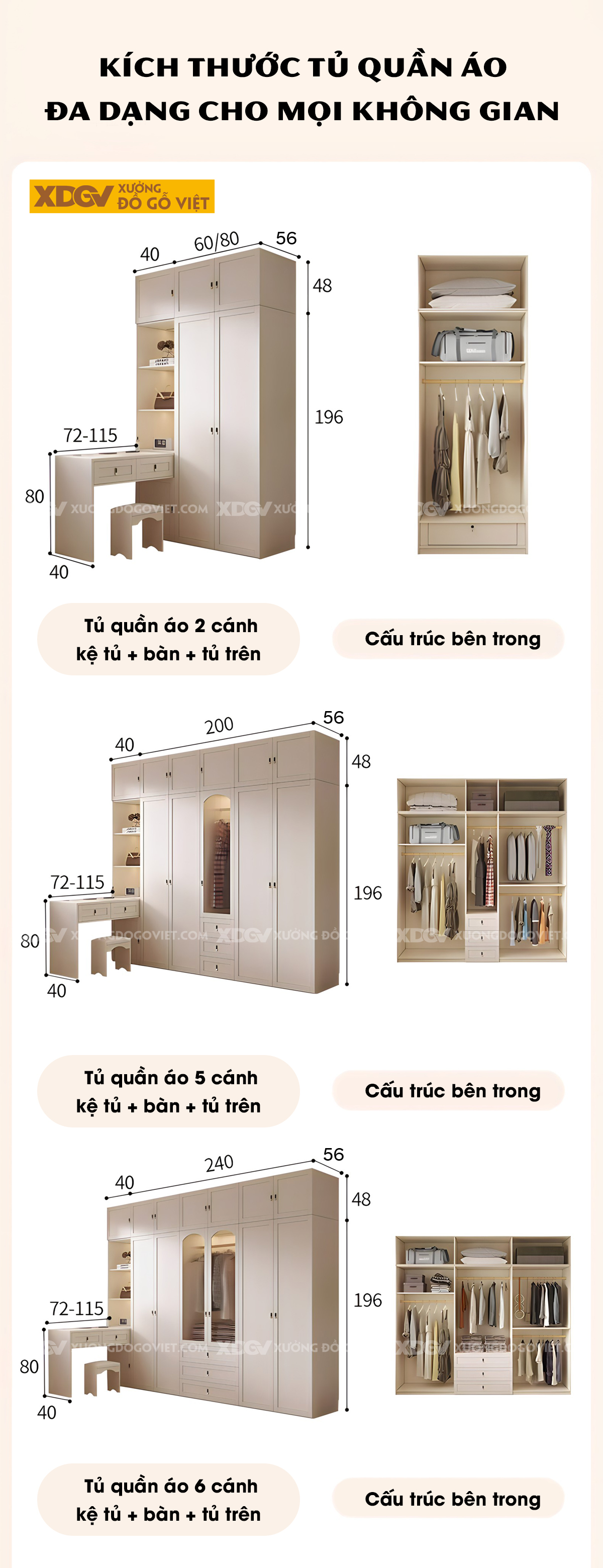 Tủ Áo Quần Gỗ Cao Su Trắng Kết Hợp Bàn Trang Điểm Góc L