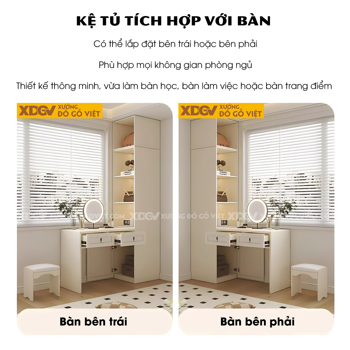 Tủ Áo Quần Gỗ Cao Su Trắng Kết Hợp Bàn Trang Điểm Góc L