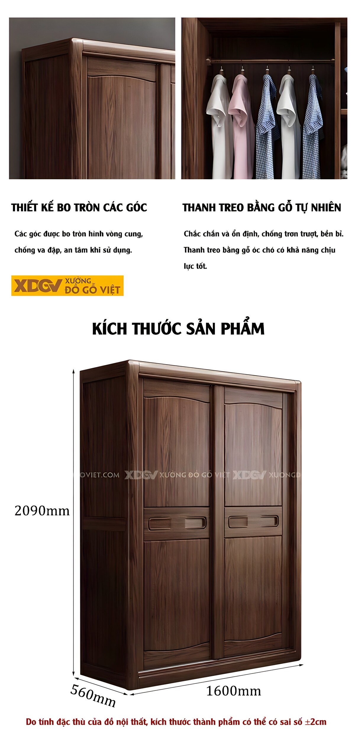 Tủ Áo Quần Gỗ Óc Chó 2 Cánh Lùa Lớn Kẻ Chỉ Nghệ Thuật