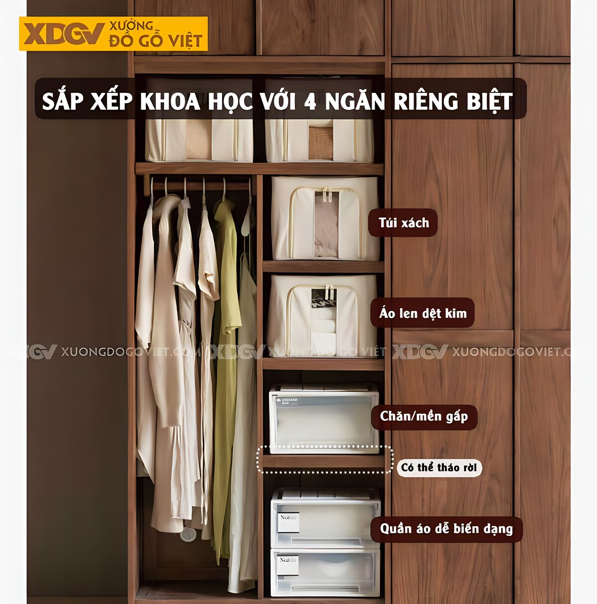 Tủ Áo Quần Gỗ Óc Chó 4 Cánh Hiện Đại Tay Nắm Thanh Ngang
