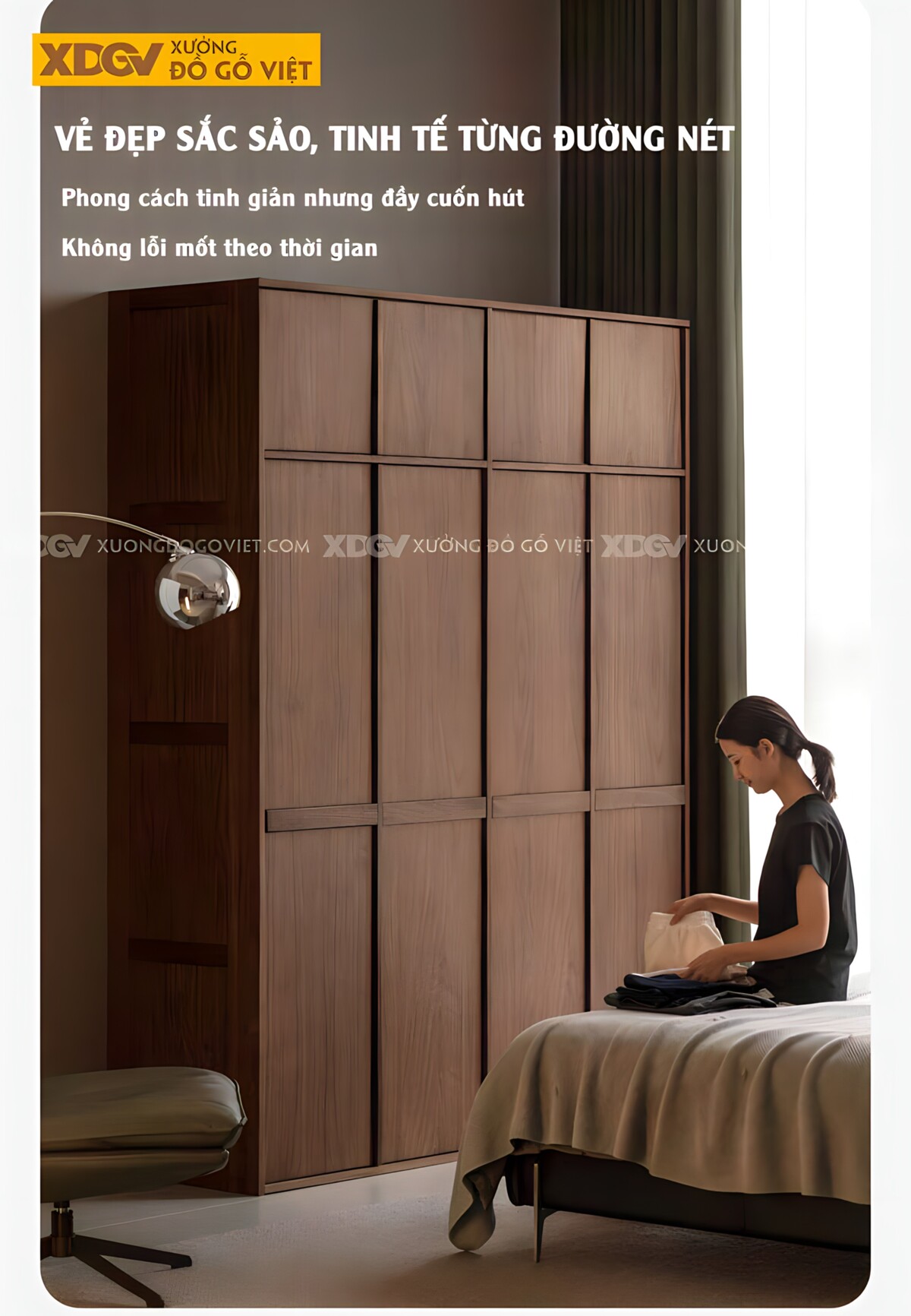 Tủ Áo Quần Gỗ Óc Chó 4 Cánh Hiện Đại Tay Nắm Thanh Ngang