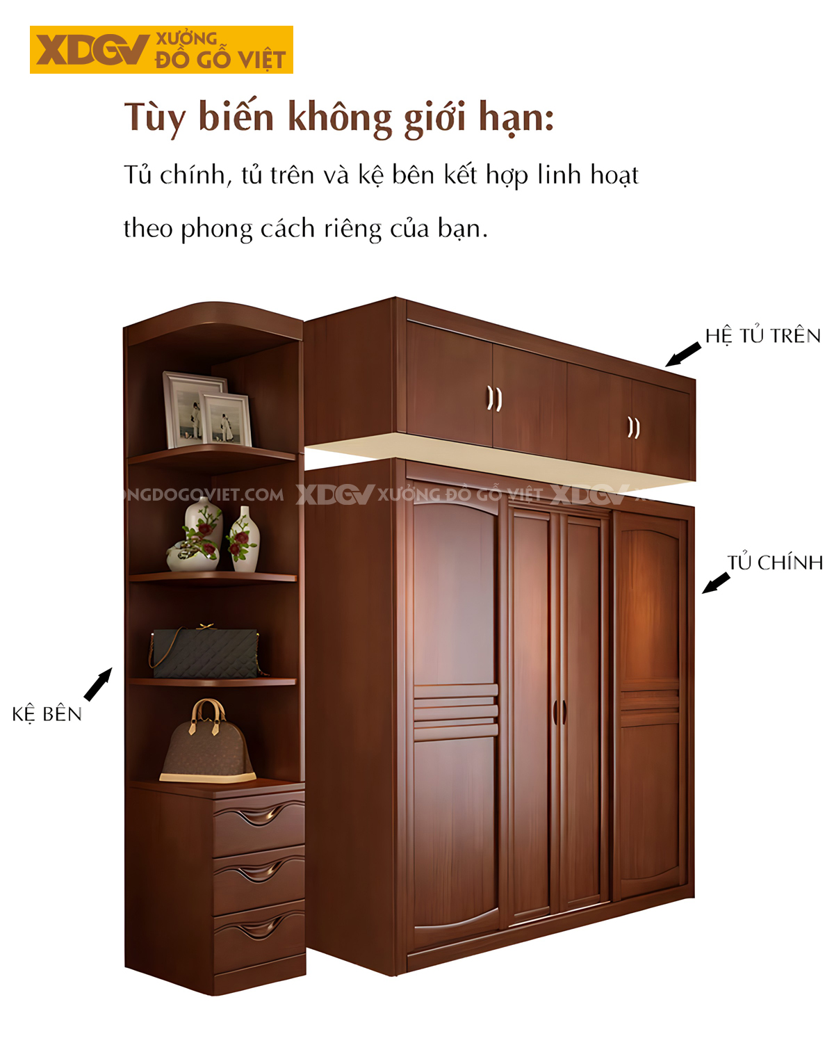 Tủ Áo Quần Gỗ Xoan Đào Cửa Trượt Đa Năng Nhiều Ngăn Chứa