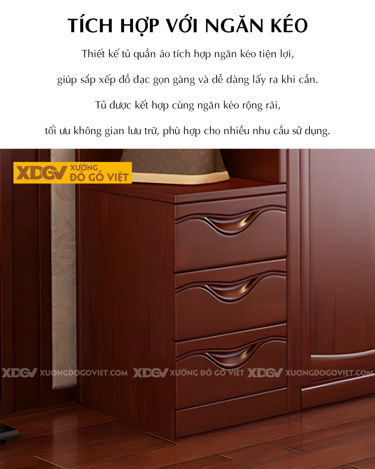 Tủ Áo Quần Gỗ Xoan Đào Cửa Trượt Đa Năng Nhiều Ngăn Chứa