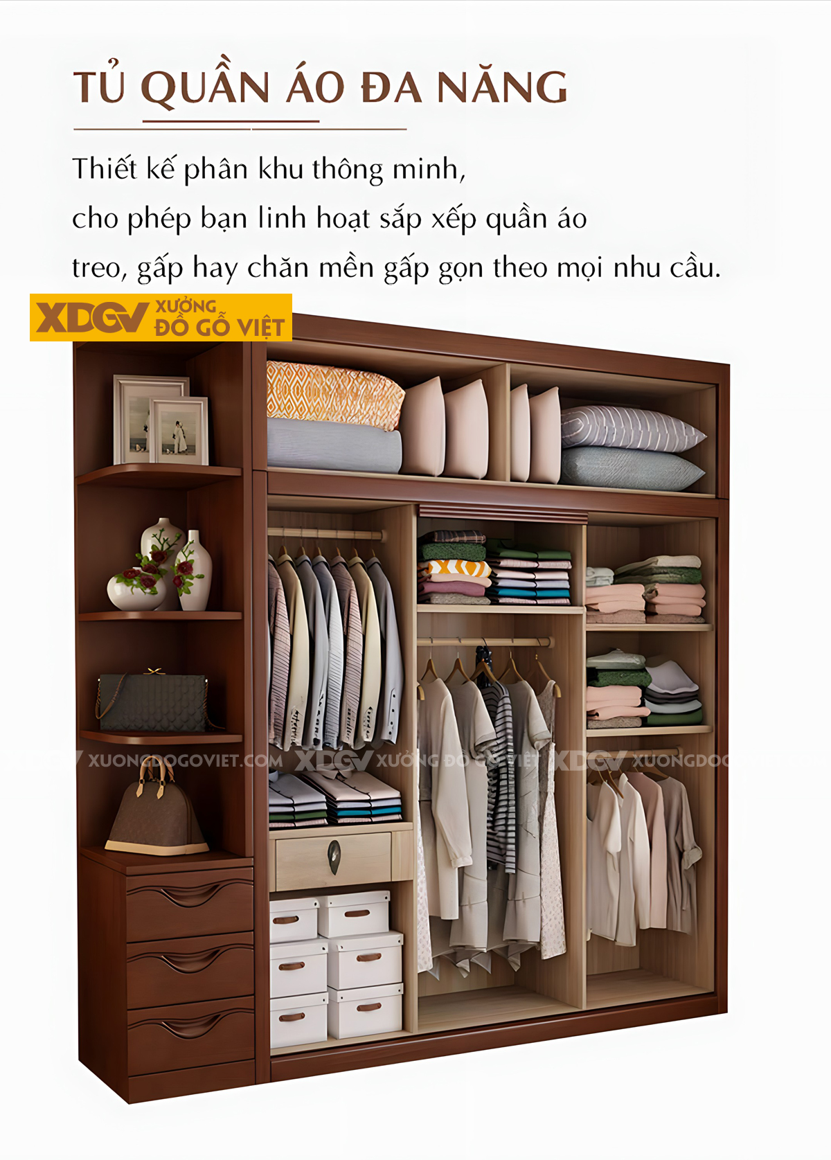 Tủ Áo Quần Gỗ Xoan Đào Cửa Trượt Đa Năng Nhiều Ngăn Chứa