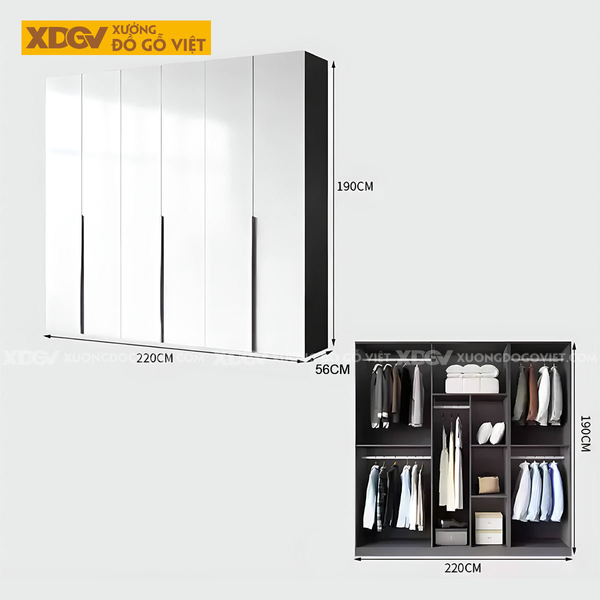 Tủ Áo Quần MDF Áp Trần Trắng Có Cánh Kính Màu Khung Nhôm Đen