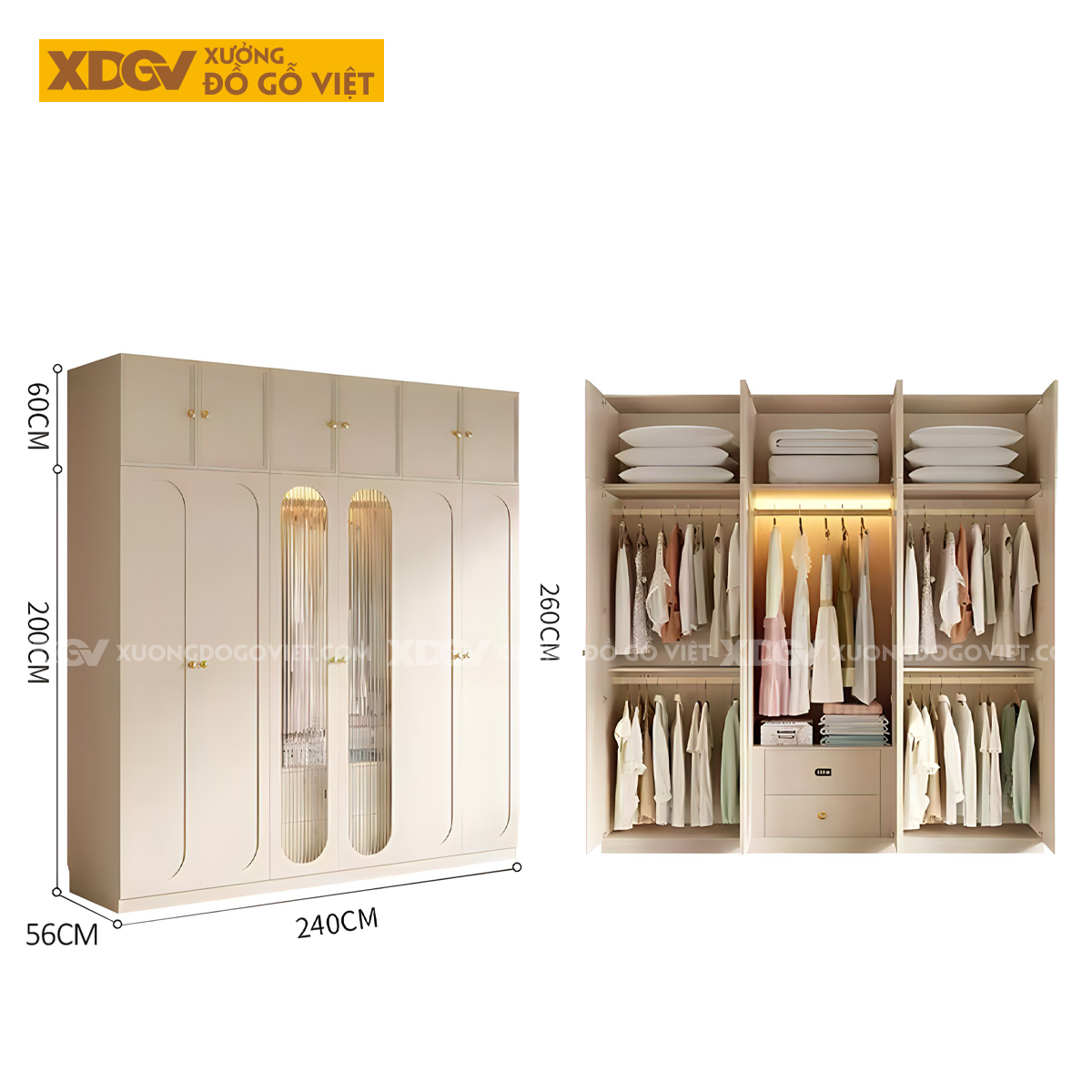 Tủ Áo Trắng Gỗ Cao Su Hiện Đại Cánh Kính Sọc Dọc Gân Mờ