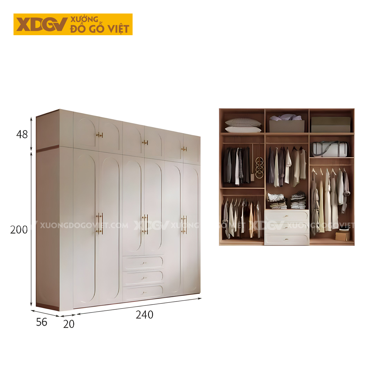 Tủ Áo Trắng Gỗ Cao Su Hiện Đại Cánh Kính Sọc Dọc Gân Mờ