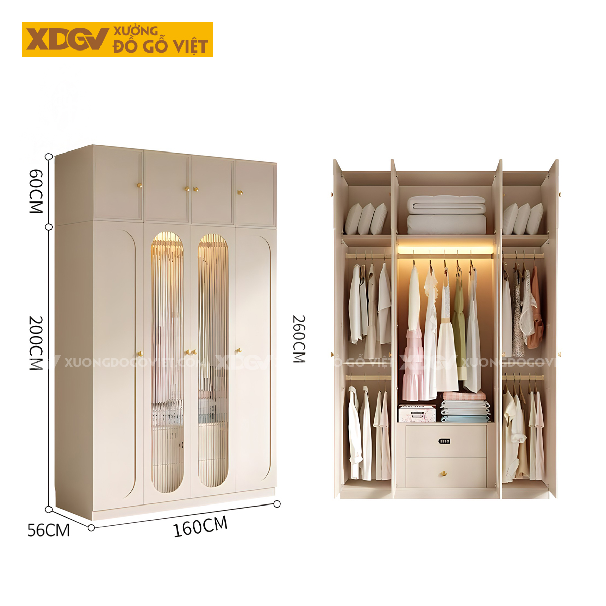 Tủ Áo Trắng Gỗ Cao Su Hiện Đại Cánh Kính Sọc Dọc Gân Mờ