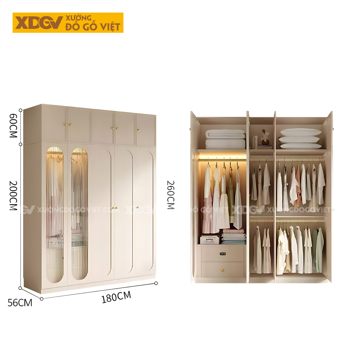 Tủ Áo Trắng Gỗ Cao Su Hiện Đại Cánh Kính Sọc Dọc Gân Mờ