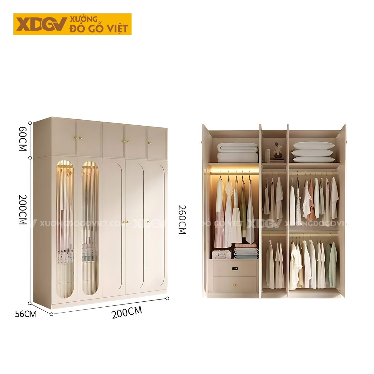 Tủ Áo Trắng Gỗ Cao Su Hiện Đại Cánh Kính Sọc Dọc Gân Mờ