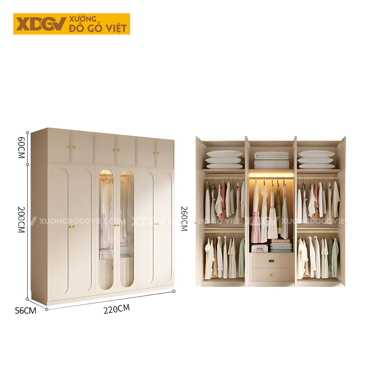 Tủ Áo Trắng Gỗ Cao Su Hiện Đại Cánh Kính Sọc Dọc Gân Mờ