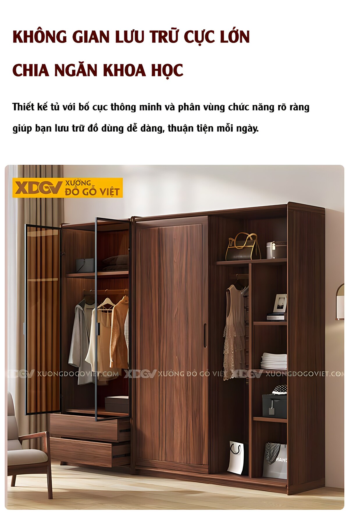 Tủ Áo Veneer Óc Chó 2 Cửa Lùa Khung Pano 2 Cửa Kính Trắng