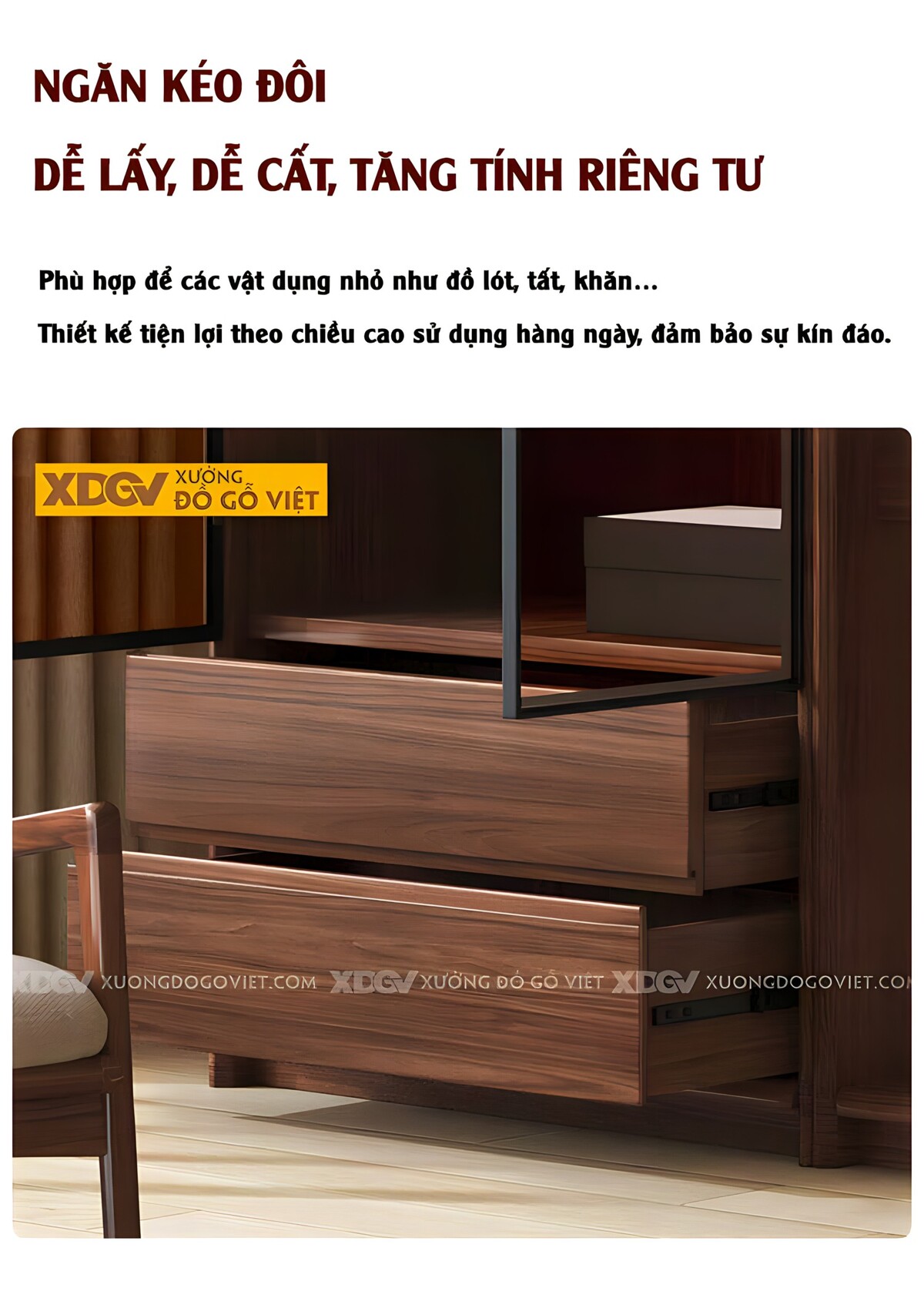 Tủ Áo Veneer Óc Chó 2 Cửa Lùa Khung Pano 2 Cửa Kính Trắng