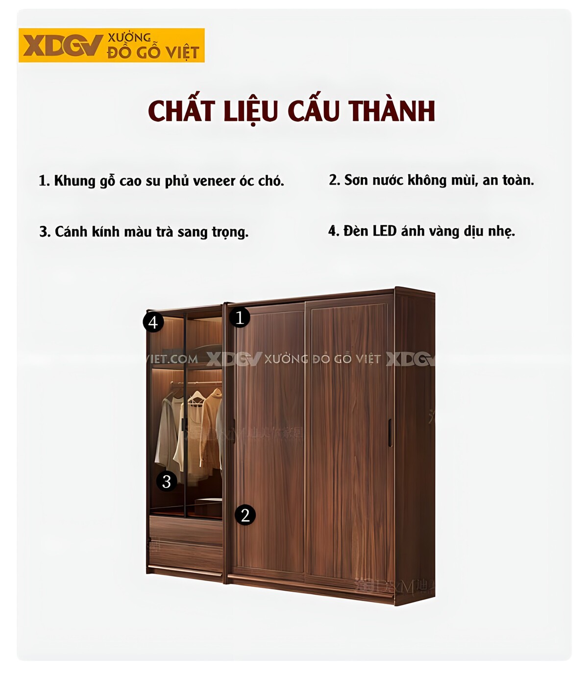 Tủ Áo Veneer Óc Chó 2 Cửa Lùa Khung Pano 2 Cửa Kính Trắng