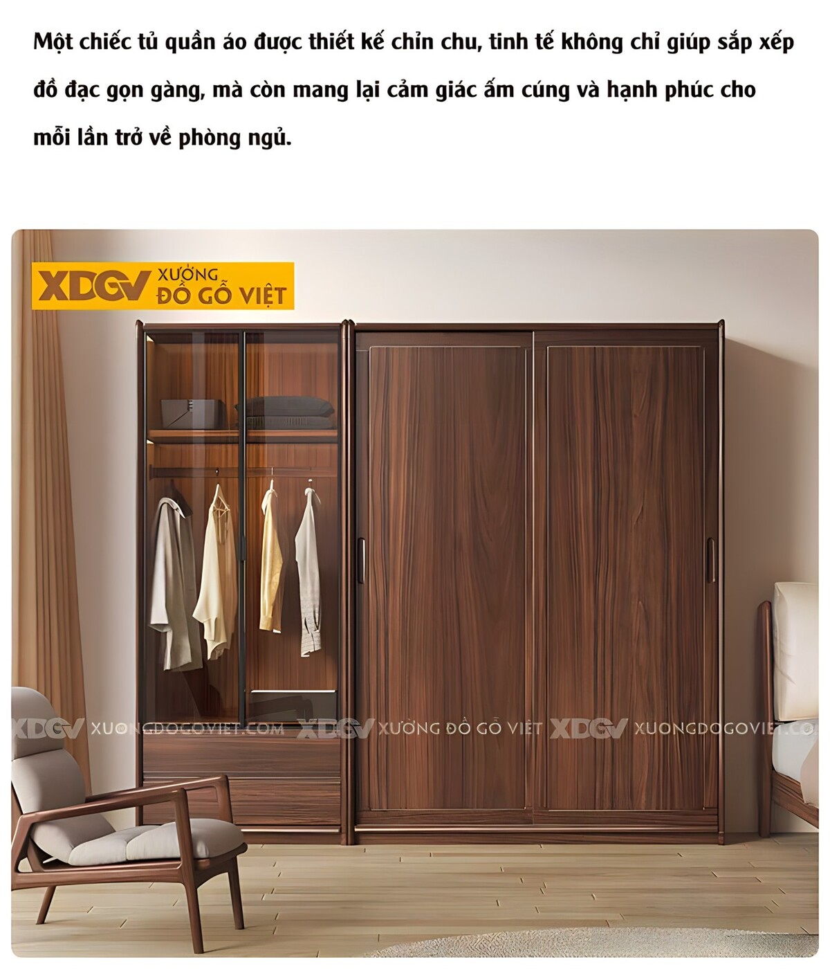 Tủ Áo Veneer Óc Chó 2 Cửa Lùa Khung Pano 2 Cửa Kính Trắng