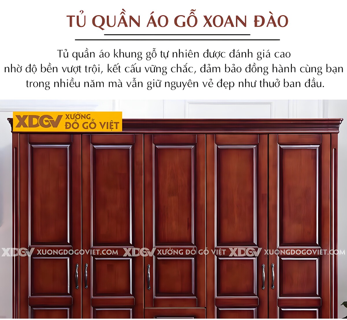 Tủ Áo Veneer Xoan Đào Cổ Điển 5 Cánh Pano Tay Nắm Kim Loại