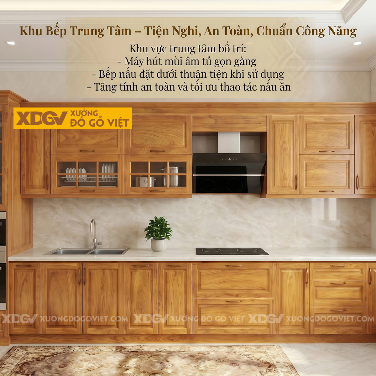 Tủ Bếp Chữ I Dài Gỗ Gõ Đỏ Bố Trí Thông Minh Tích Hợp Tủ Kính