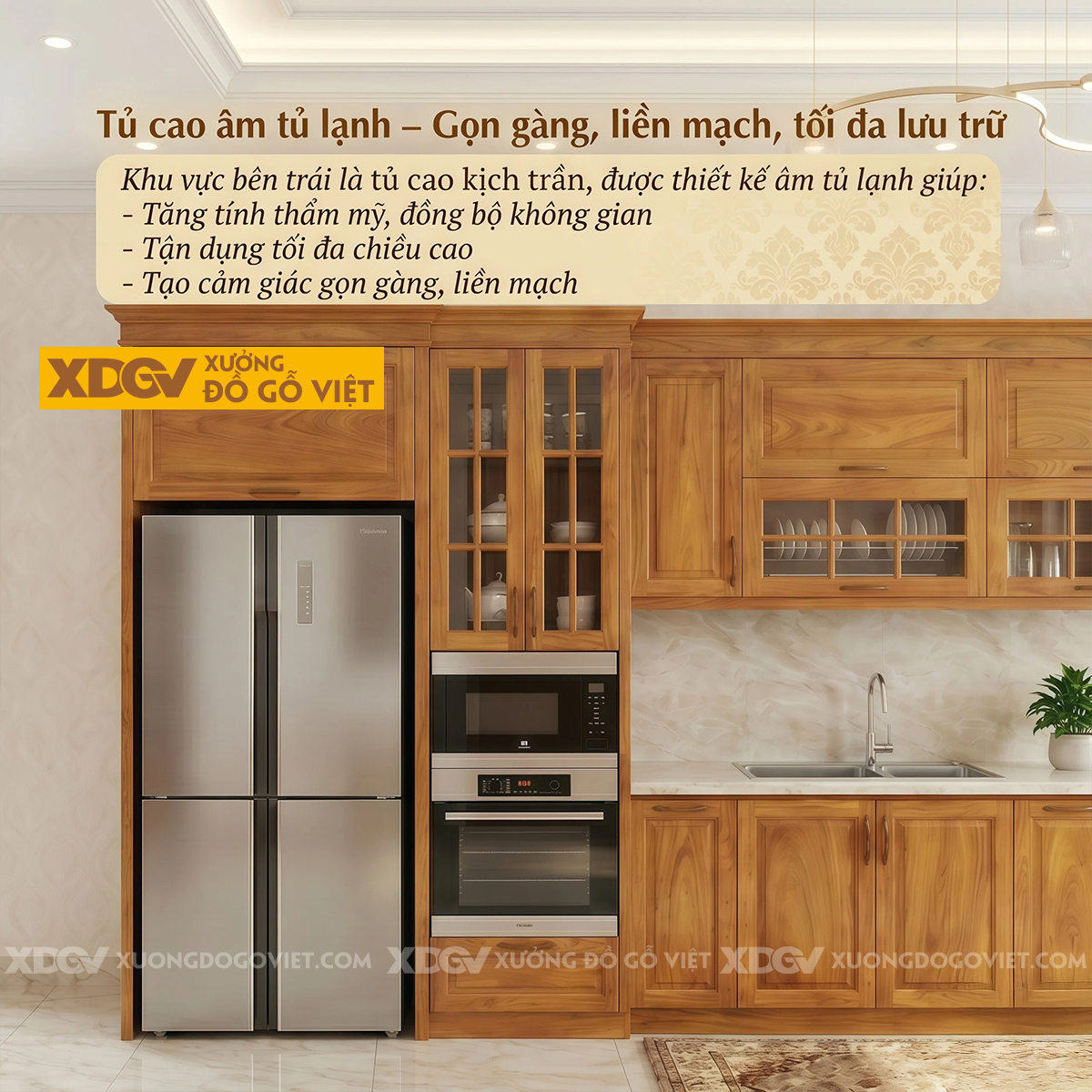Tủ Bếp Chữ I Dài Gỗ Gõ Đỏ Bố Trí Thông Minh Tích Hợp Tủ Kính