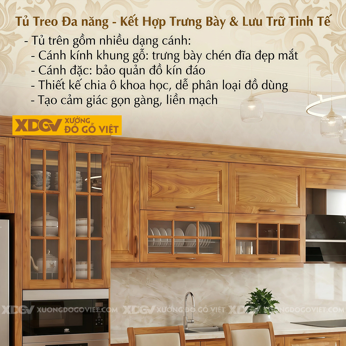 Tủ Bếp Chữ I Dài Gỗ Gõ Đỏ Bố Trí Thông Minh Tích Hợp Tủ Kính