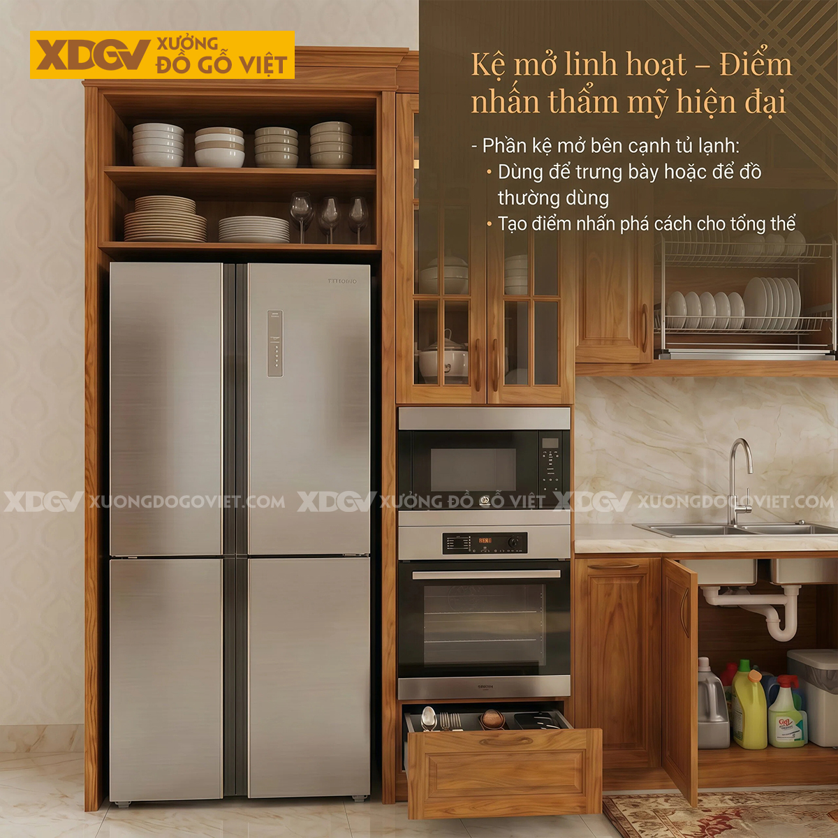 Tủ Bếp Chữ I Dài Gỗ Gõ Đỏ Bố Trí Thông Minh Tích Hợp Tủ Kính