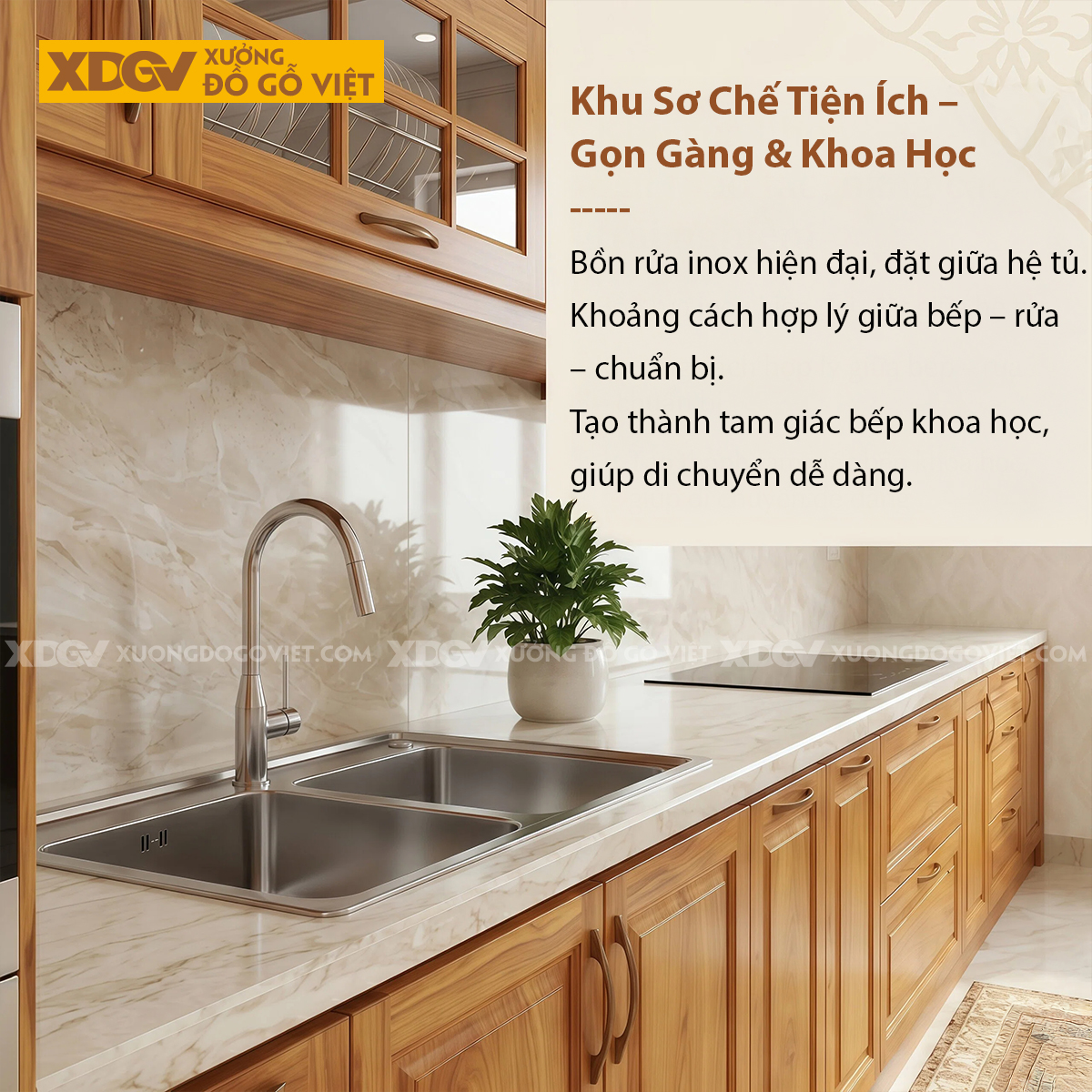 Tủ Bếp Chữ I Dài Gỗ Gõ Đỏ Bố Trí Thông Minh Tích Hợp Tủ Kính