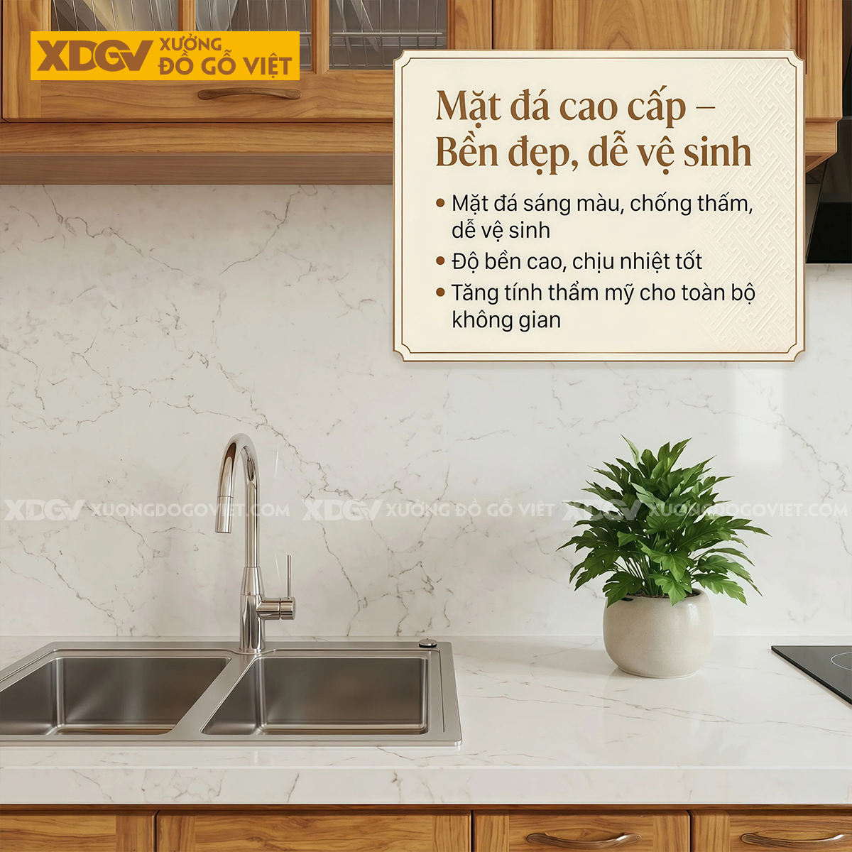 Tủ Bếp Chữ I Dài Gỗ Gõ Đỏ Bố Trí Thông Minh Tích Hợp Tủ Kính