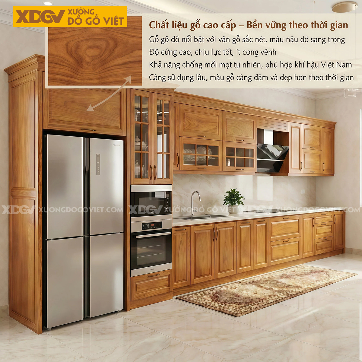 Tủ Bếp Chữ I Dài Gỗ Gõ Đỏ Bố Trí Thông Minh Tích Hợp Tủ Kính