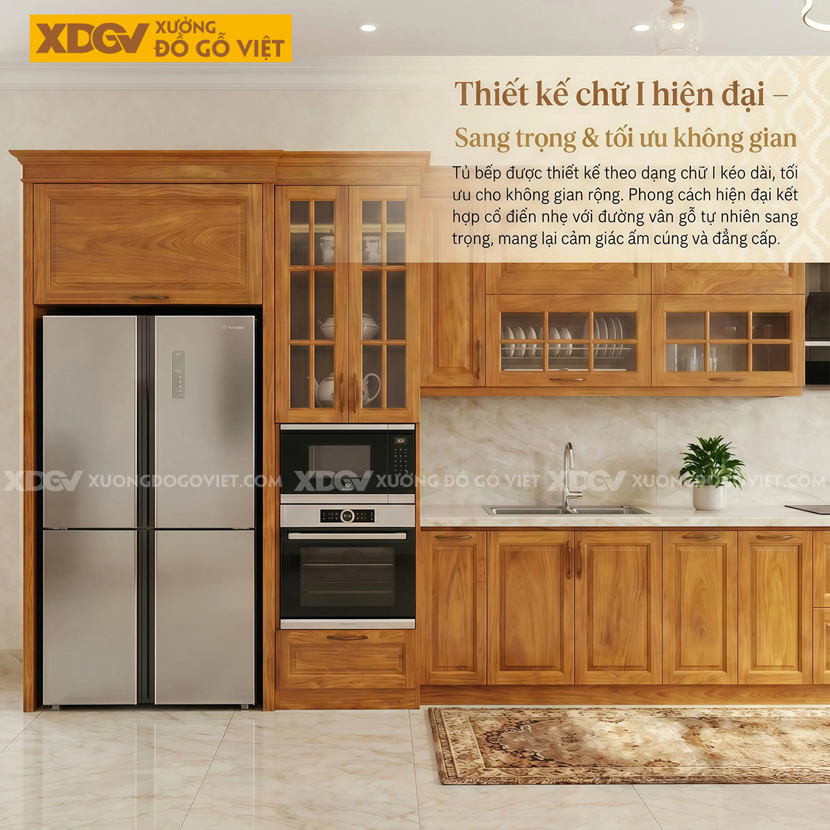 Tủ Bếp Chữ I Dài Gỗ Gõ Đỏ Bố Trí Thông Minh Tích Hợp Tủ Kính