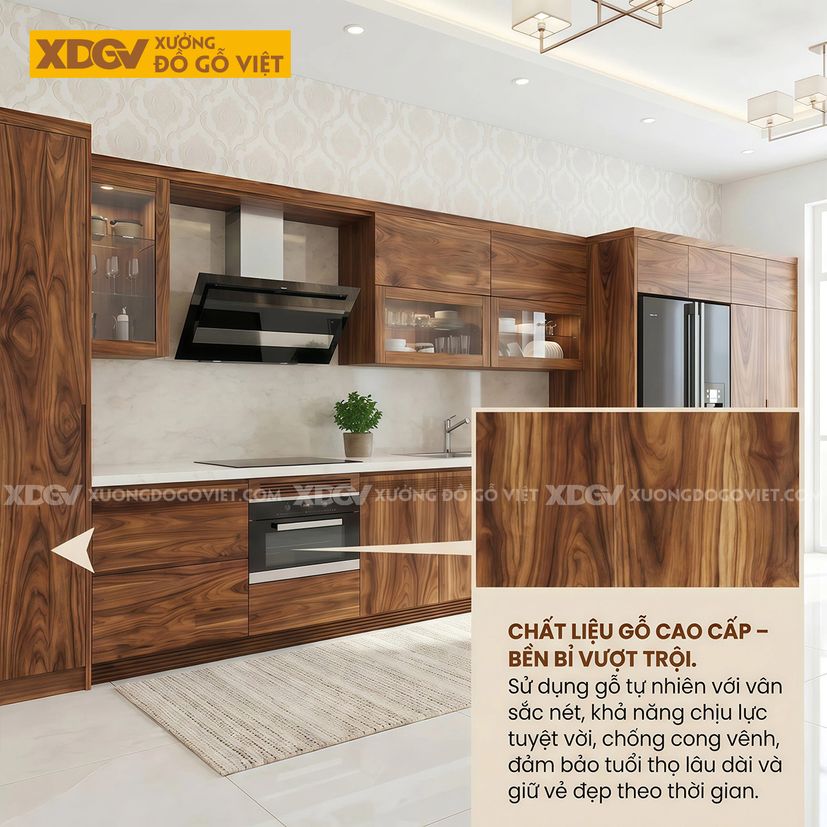 Tủ Bếp Chữ I Dài Gỗ Óc Chó Màu Sáng Kết Hợp Cánh Kính Mới