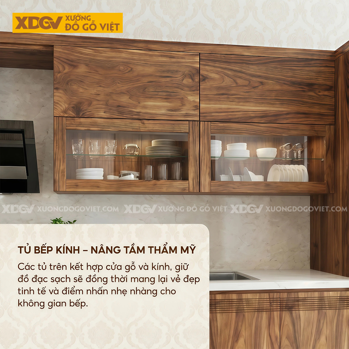 Tủ Bếp Chữ I Dài Gỗ Óc Chó Màu Sáng Kết Hợp Cánh Kính Mới