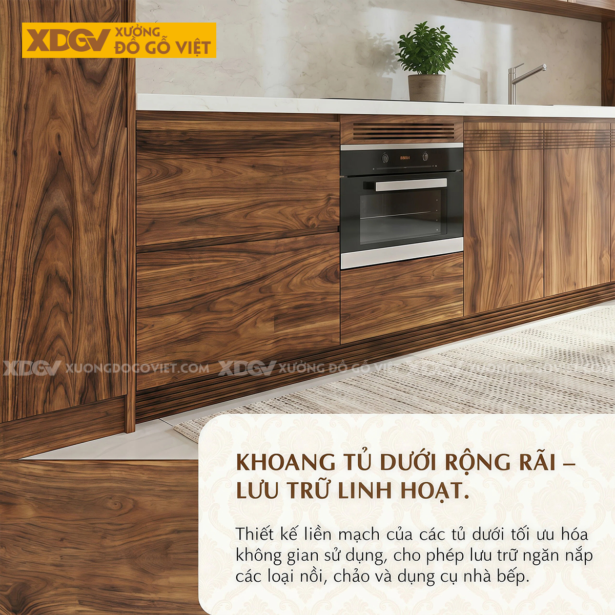 Tủ Bếp Chữ I Dài Gỗ Óc Chó Màu Sáng Kết Hợp Cánh Kính Mới