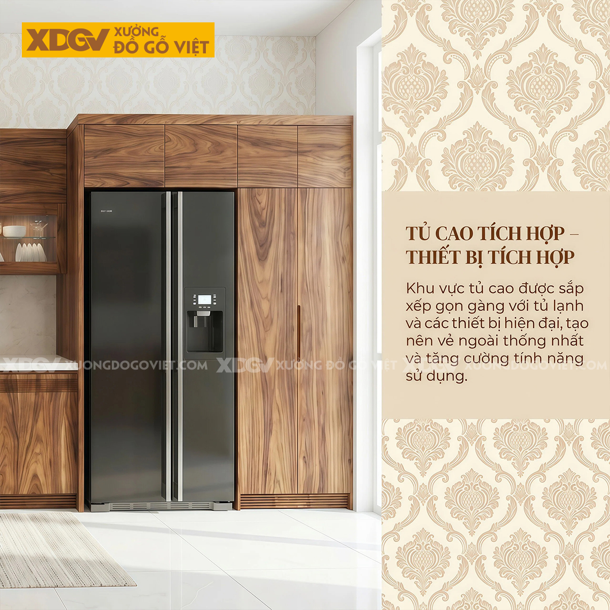 Tủ Bếp Chữ I Dài Gỗ Óc Chó Màu Sáng Kết Hợp Cánh Kính Mới