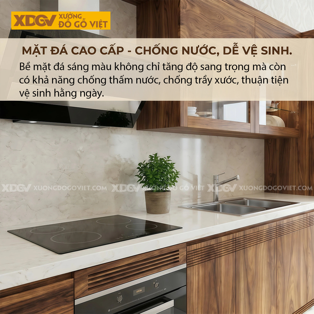 Tủ Bếp Chữ I Dài Gỗ Óc Chó Màu Sáng Kết Hợp Cánh Kính Mới
