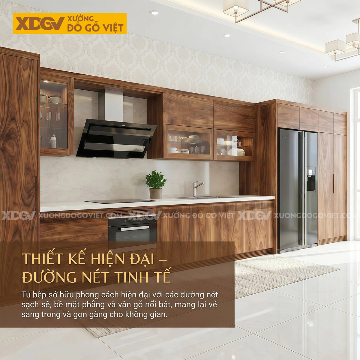 Tủ Bếp Chữ I Dài Gỗ Óc Chó Màu Sáng Kết Hợp Cánh Kính Mới
