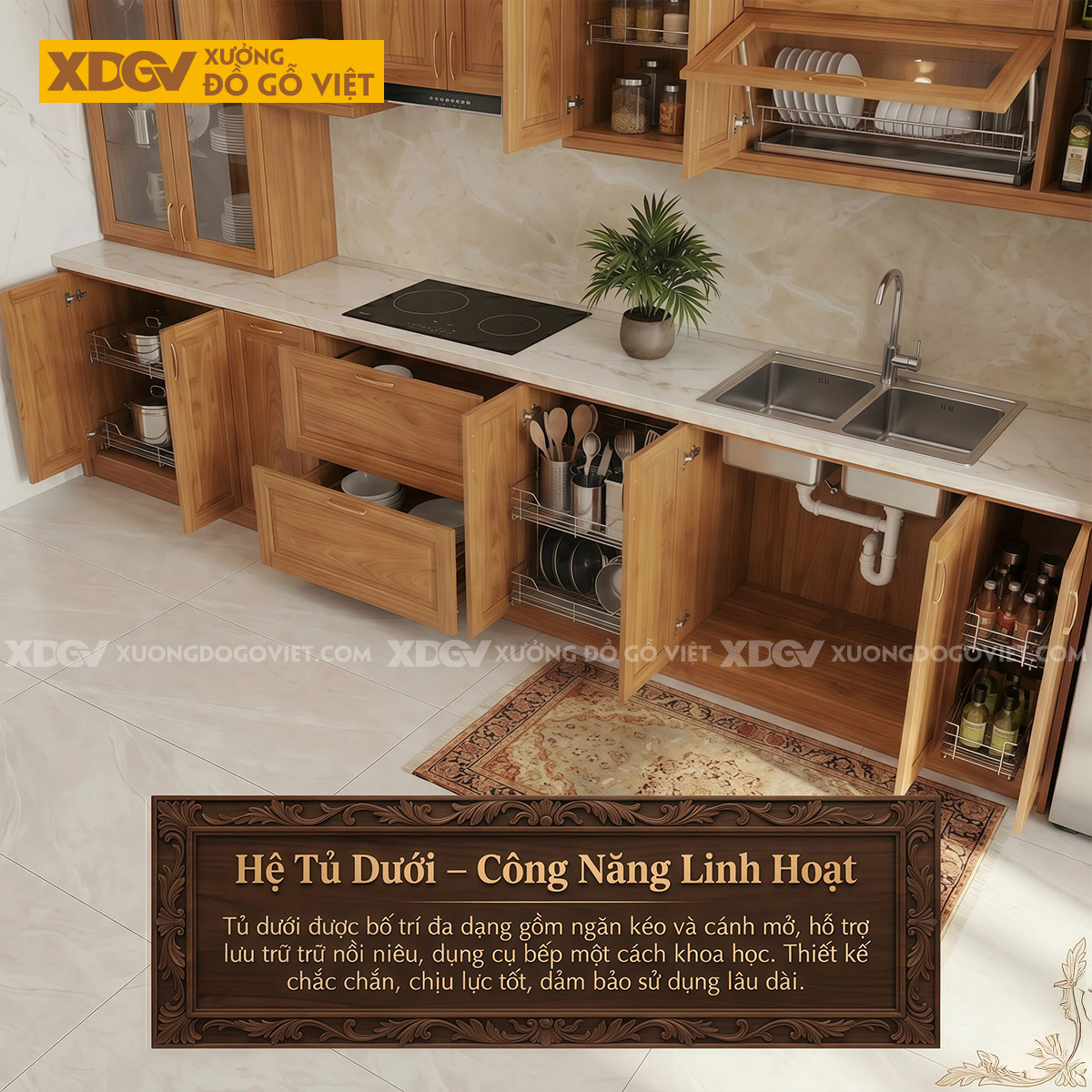 Tủ Bếp Chữ I Gỗ Gõ Đỏ Hiện Đại Kết Hợp Tủ Cánh Kính Lưu Trữ