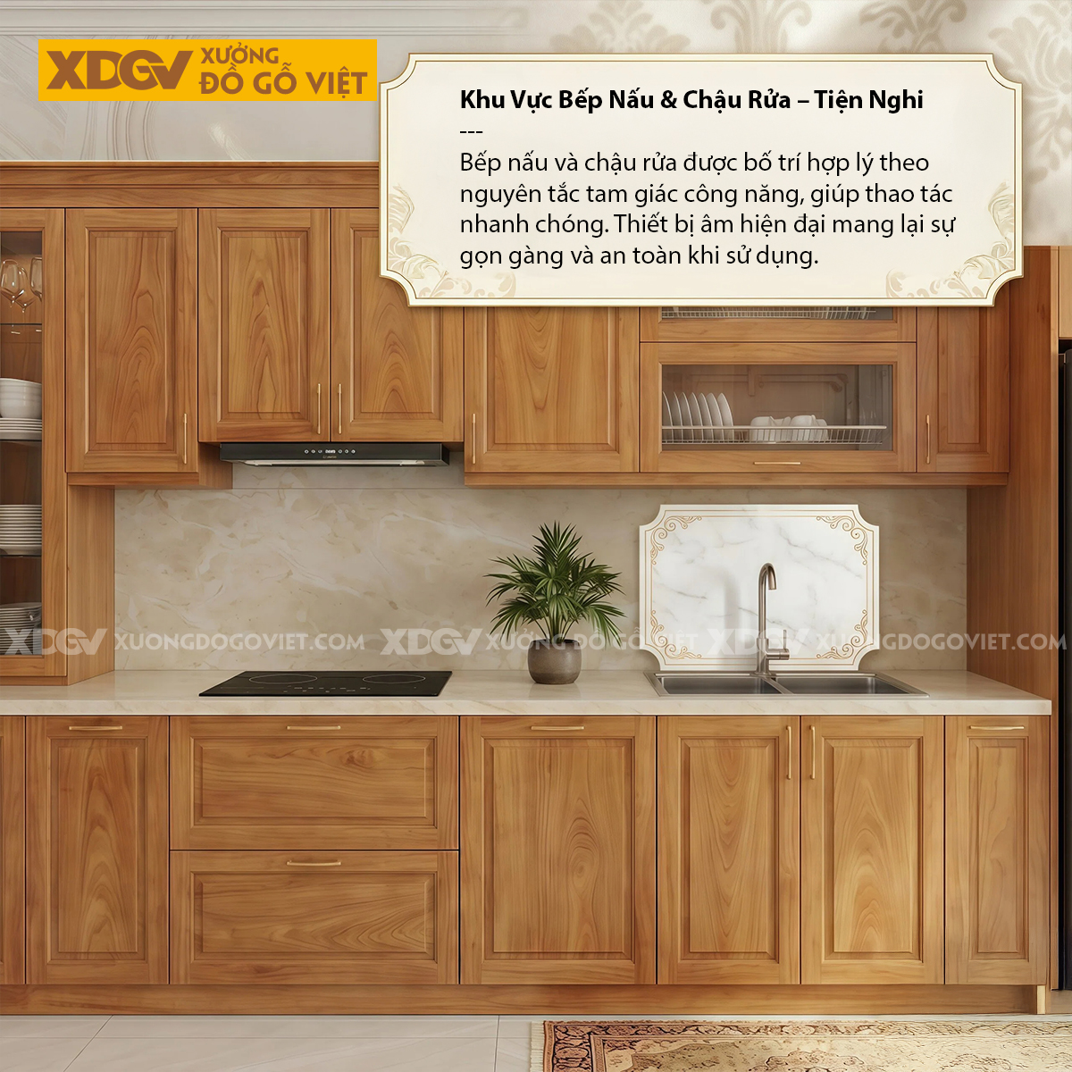 Tủ Bếp Chữ I Gỗ Gõ Đỏ Hiện Đại Kết Hợp Tủ Cánh Kính Lưu Trữ