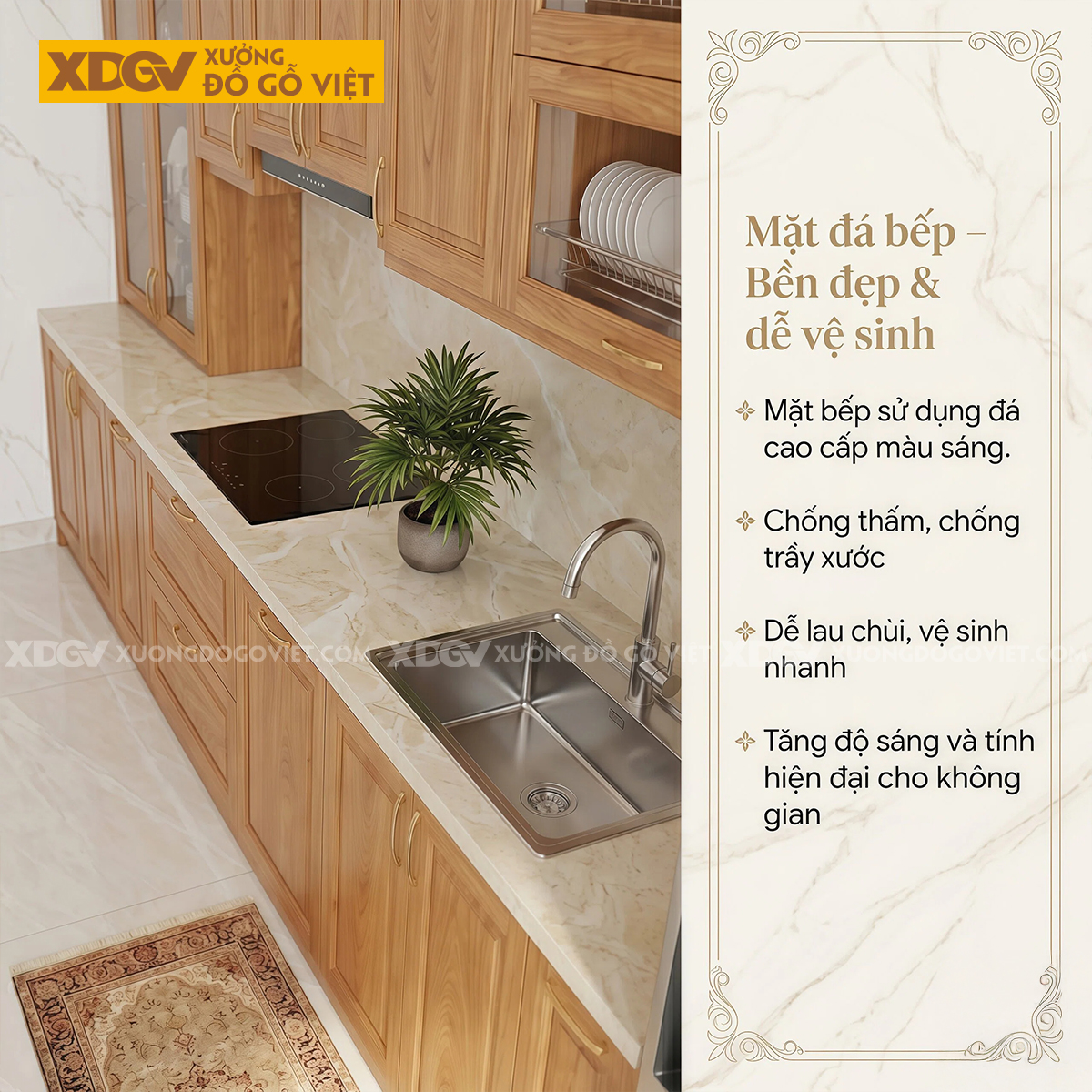 Tủ Bếp Chữ I Gỗ Gõ Đỏ Hiện Đại Kết Hợp Tủ Cánh Kính Lưu Trữ