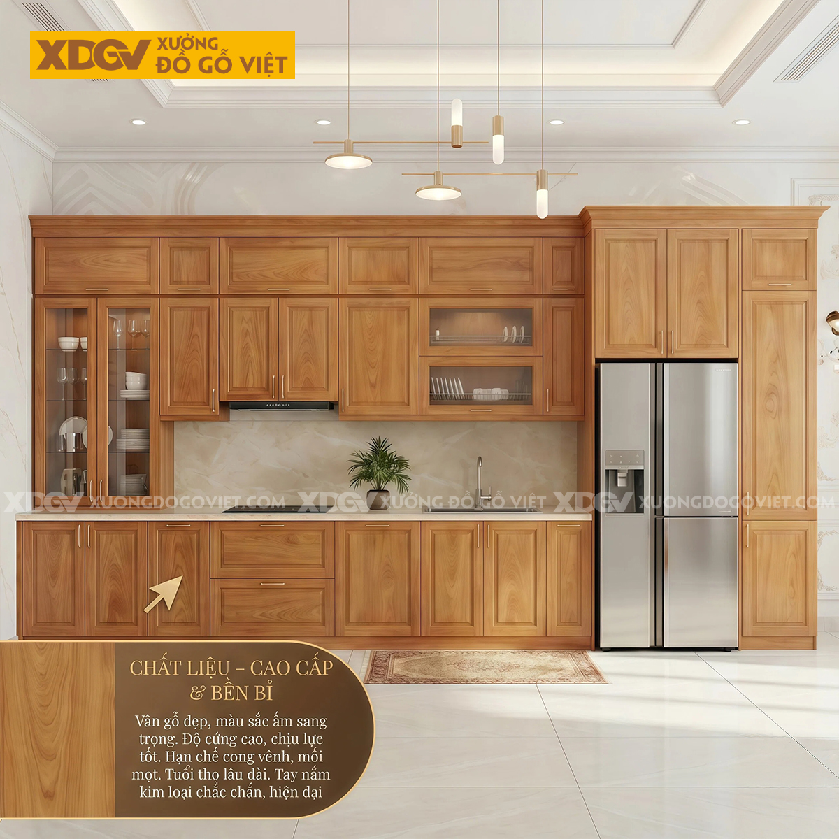 Tủ Bếp Chữ I Gỗ Gõ Đỏ Hiện Đại Kết Hợp Tủ Cánh Kính Lưu Trữ