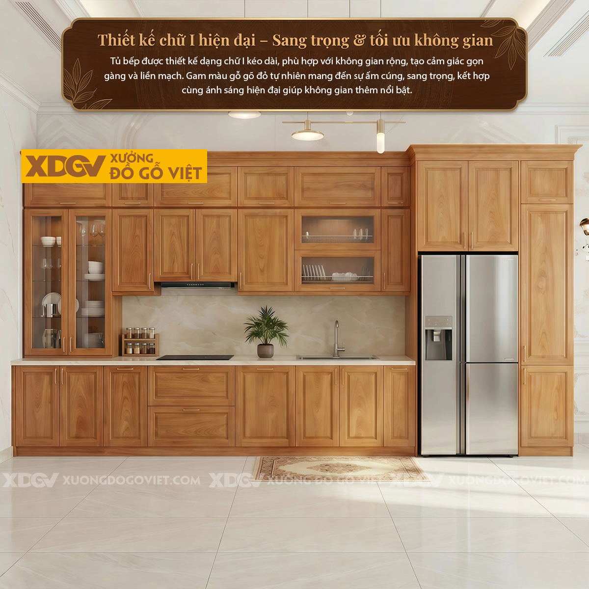 Tủ Bếp Chữ I Gỗ Gõ Đỏ Hiện Đại Kết Hợp Tủ Cánh Kính Lưu Trữ
