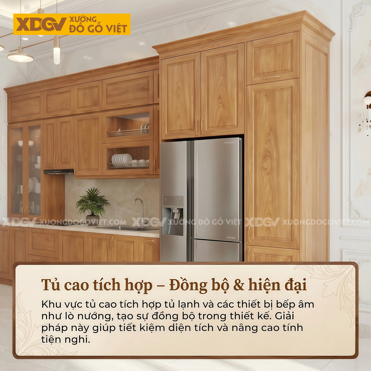 Tủ Bếp Chữ I Gỗ Gõ Đỏ Hiện Đại Kết Hợp Tủ Cánh Kính Lưu Trữ