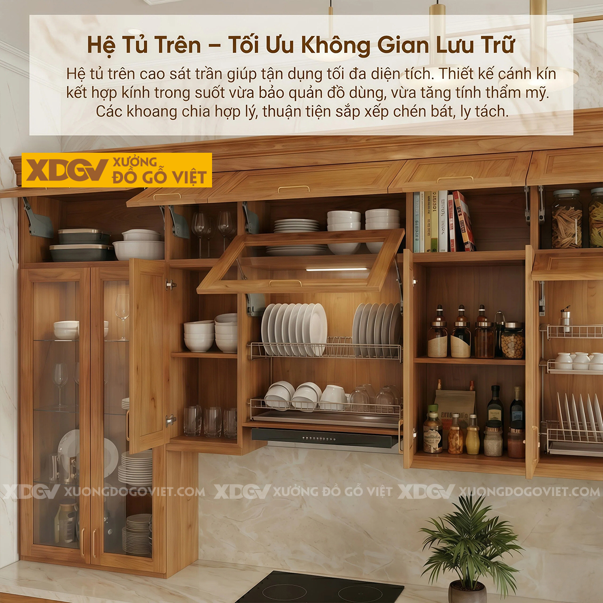 Tủ Bếp Chữ I Gỗ Gõ Đỏ Hiện Đại Kết Hợp Tủ Cánh Kính Lưu Trữ