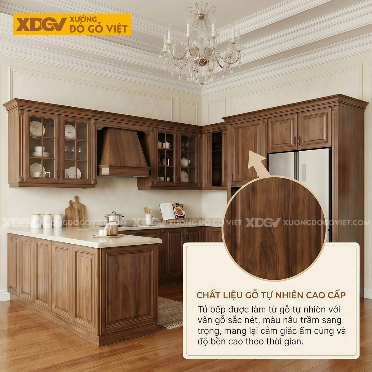 Tủ Bếp Gia Đình Chữ U Gỗ Óc Chó Tân Cổ Điển Mặt Đá Trắng Đẹp