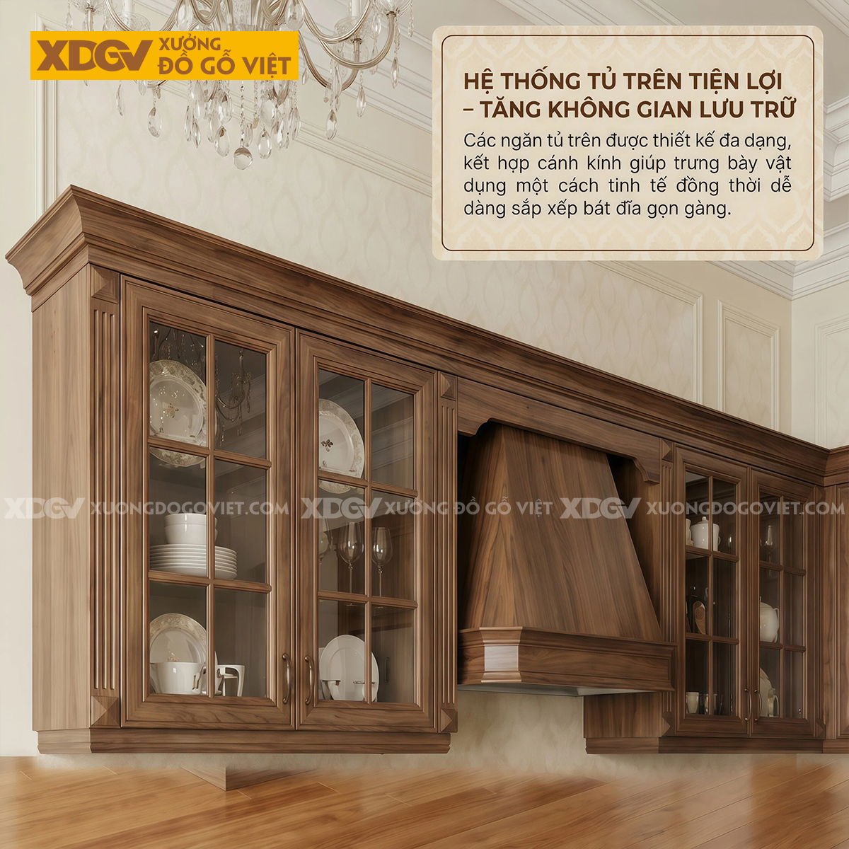 Tủ Bếp Gia Đình Chữ U Gỗ Óc Chó Tân Cổ Điển Mặt Đá Trắng Đẹp