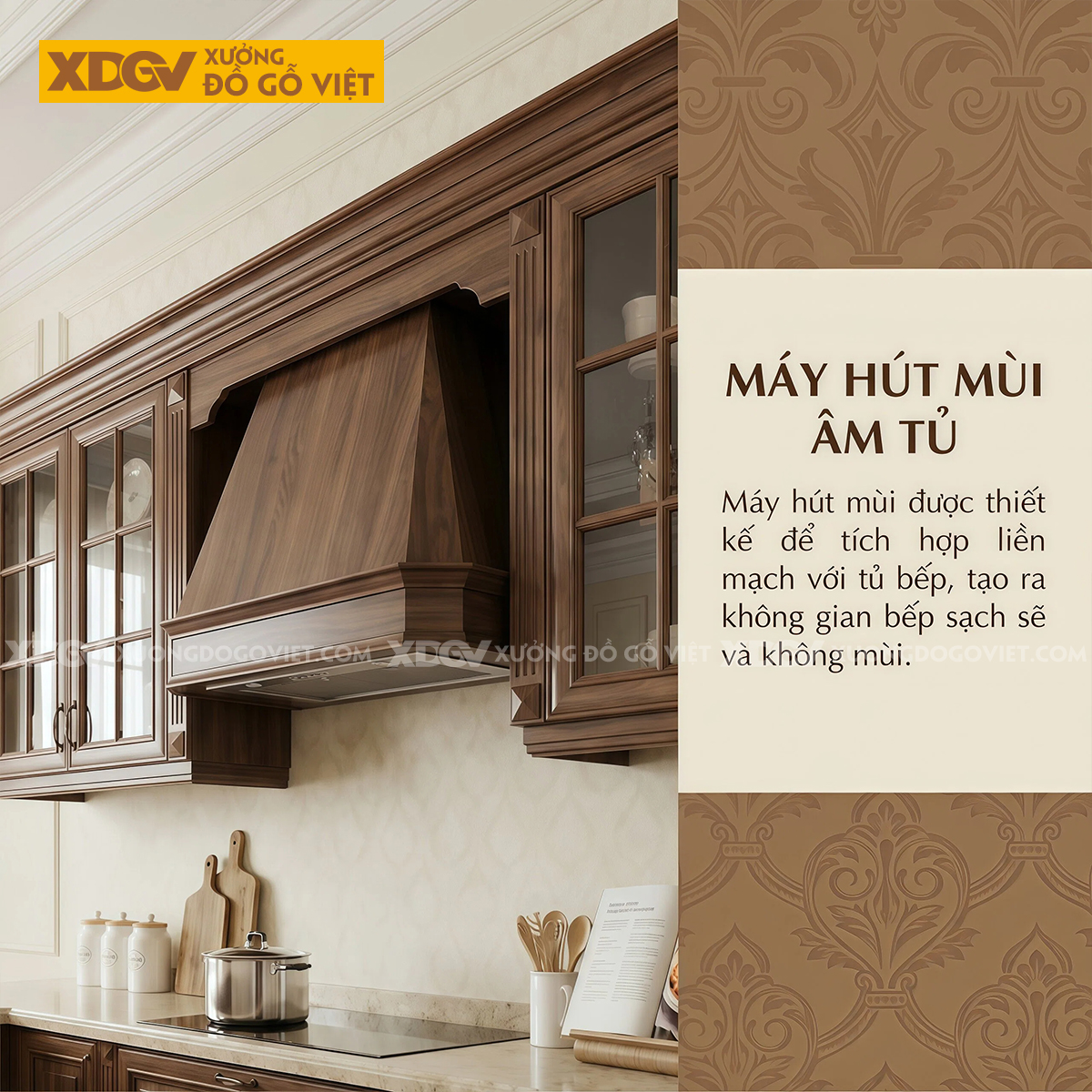 Tủ Bếp Gia Đình Chữ U Gỗ Óc Chó Tân Cổ Điển Mặt Đá Trắng Đẹp
