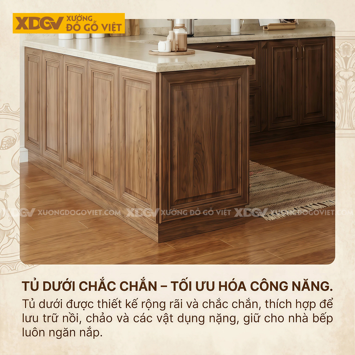 Tủ Bếp Gia Đình Chữ U Gỗ Óc Chó Tân Cổ Điển Mặt Đá Trắng Đẹp
