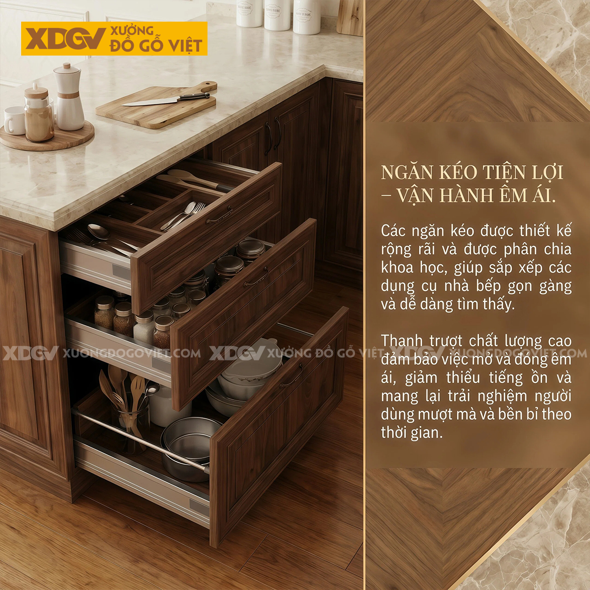 Tủ Bếp Gia Đình Chữ U Gỗ Óc Chó Tân Cổ Điển Mặt Đá Trắng Đẹp