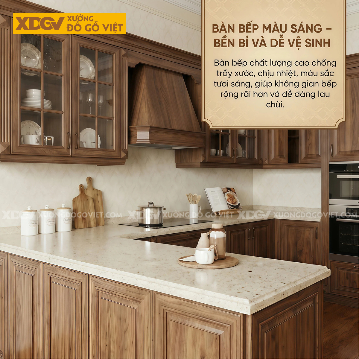 Tủ Bếp Gia Đình Chữ U Gỗ Óc Chó Tân Cổ Điển Mặt Đá Trắng Đẹp