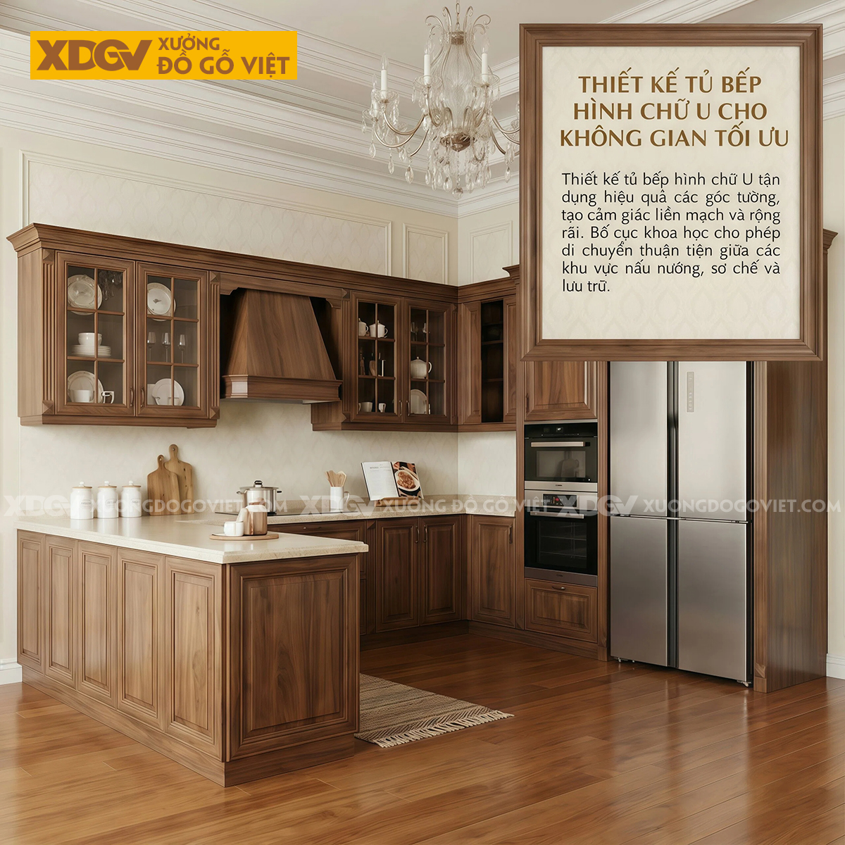 Tủ Bếp Gia Đình Chữ U Gỗ Óc Chó Tân Cổ Điển Mặt Đá Trắng Đẹp